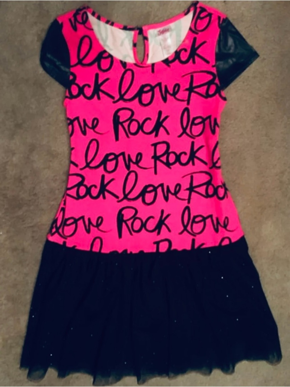 New Justice girls size 10 neon pink love rock and glittery black tulle dress